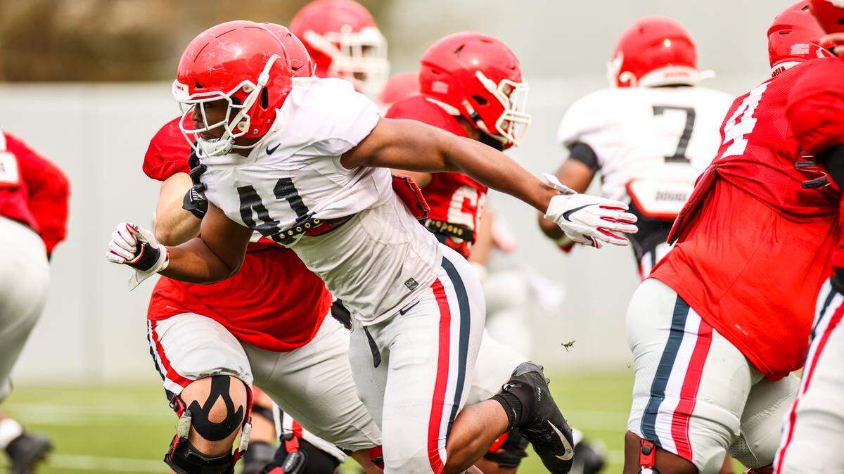 Georgia inside linebacker Channing Tindall (41) during the Bulldogs’ practice session in Athens, Ga., on March 23.