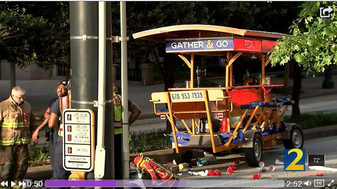 Police say a pedal pub toppled over in Atlanta on Saturday, April 30, sending 15 people to a hospital.