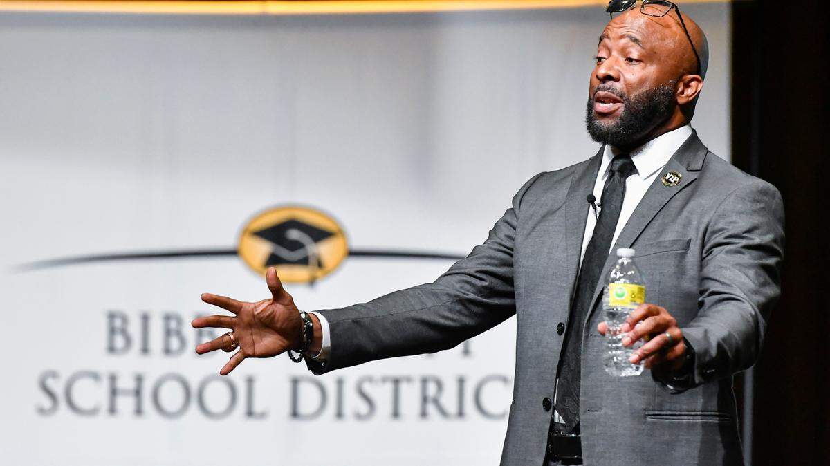 Bibb County School Superintendent Dan Sims speaks during a meet and greet event at Rutland High School.