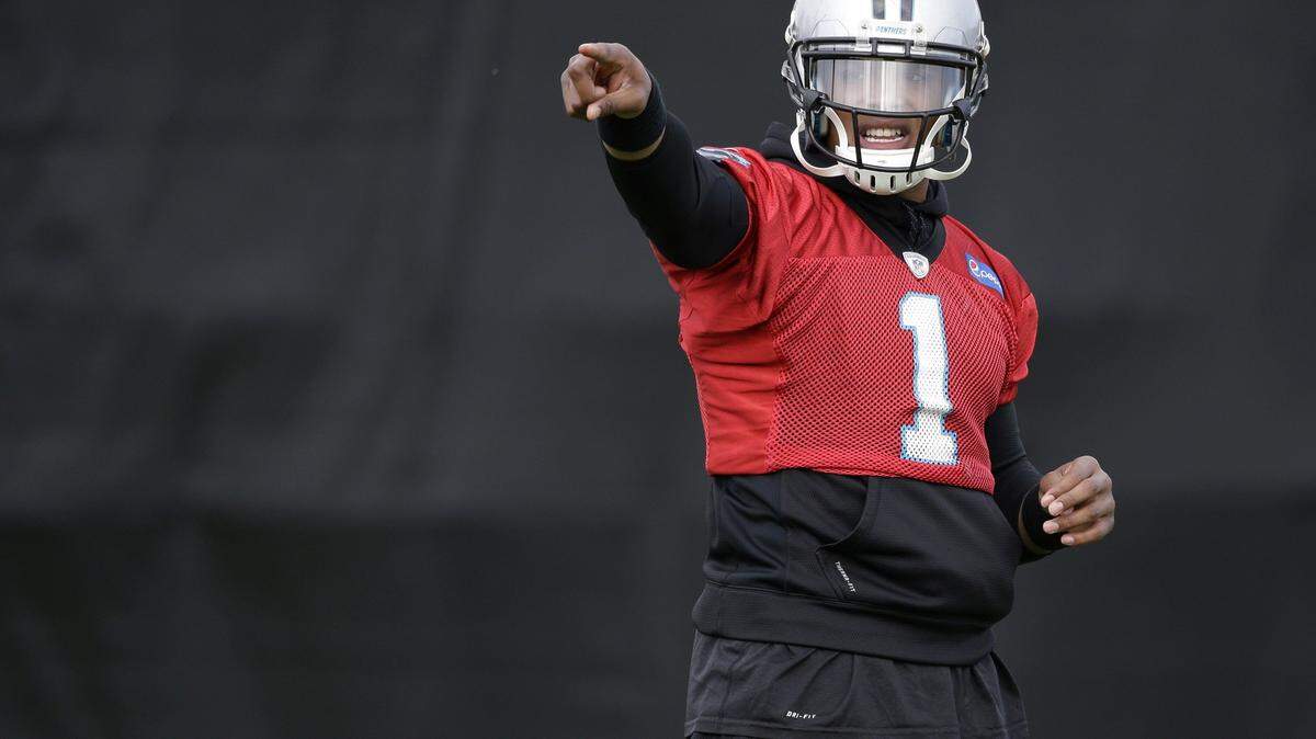 Carolina Panthers quarterback Cam Newton (1) directs receivers during practice Wednesday, Feb. 3, 2016 in San Jose, Calif. Carolina plays the Denver Broncos in the NFL Super Bowl 50 football game Sunday, Feb. 7, 2015, in Santa Clara, Calif. (AP Photo/Marcio Jose Sanchez)
