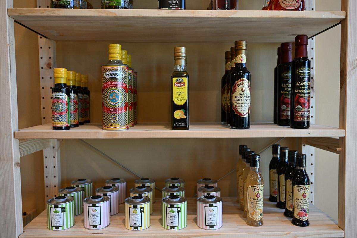 Italian oils and balsamic vinegars and glazes are for sale at Ciao Bella Market in downtown Perry. The new store offers authentic Italian products that typically cannot be found in American grocery stores.