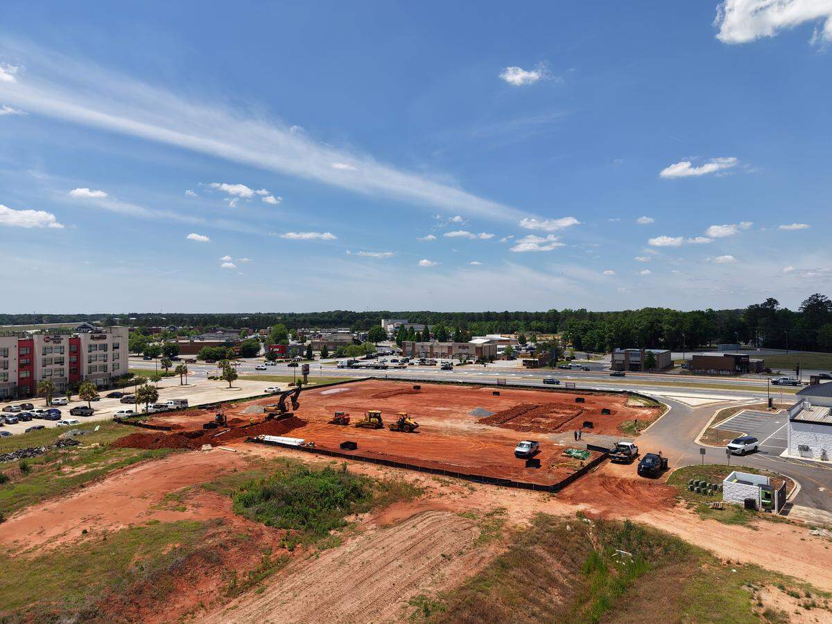 Construction site of a new building being marketed as a new fine dining restaurant and a new shopping center on Tuesday, May 5, 2026, off of GA-96 in Warner Robins, Georgia. 
