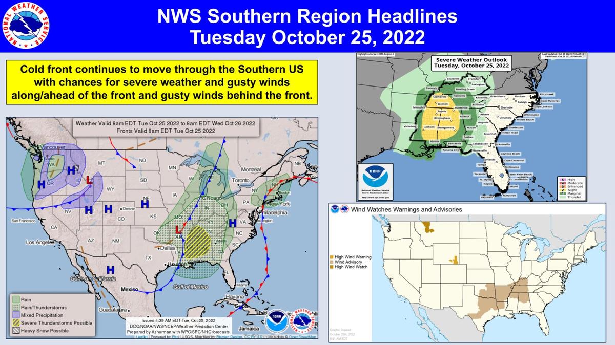 According to the National Weather Service’s Storm Prediction Center, parts of Middle Georgia and other Southern regions may see some storm activity later this evening.