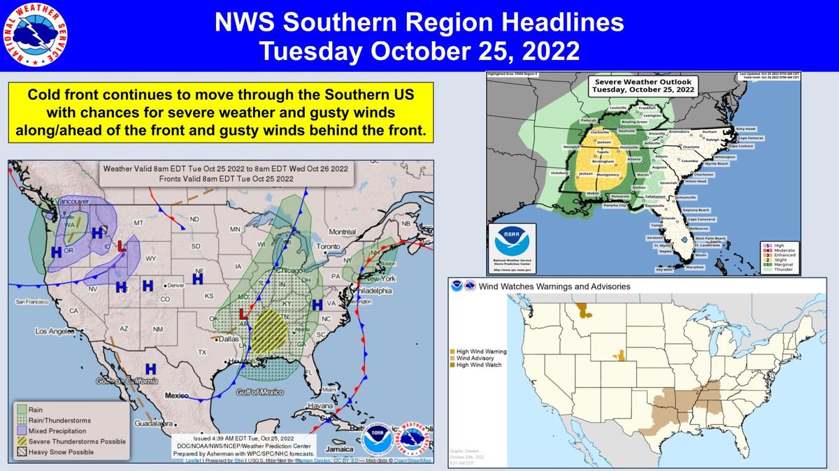 According to the National Weather Service’s Storm Prediction Center, parts of Middle Georgia and other Southern regions may see some storm activity later this evening.