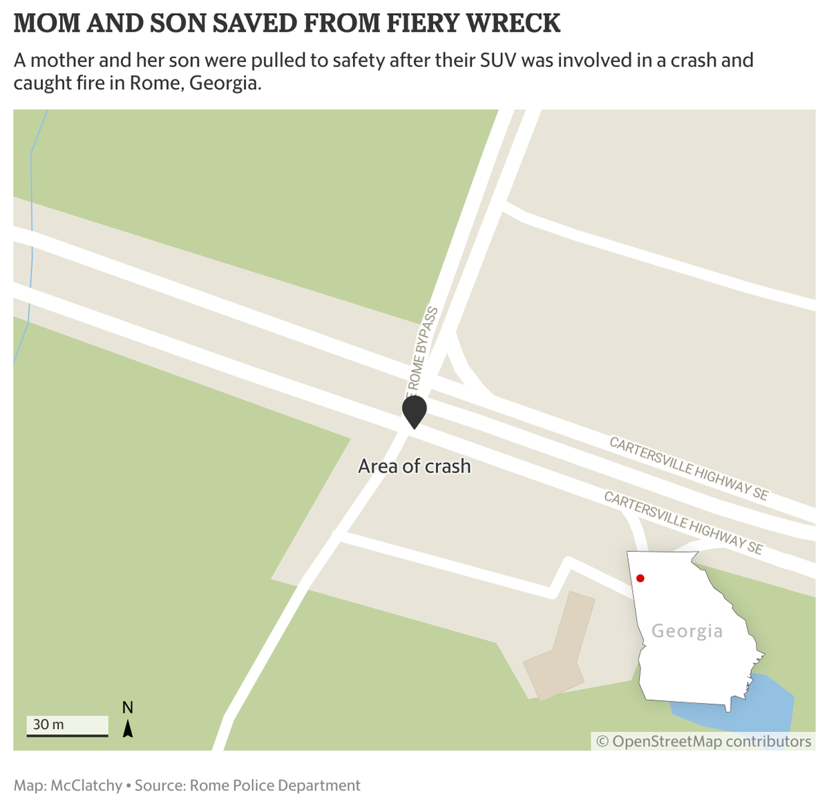 A mother and her 4-year-old son were rescued after their SUV was involved in a crash and caught fire in Rome, Georgia, police say.