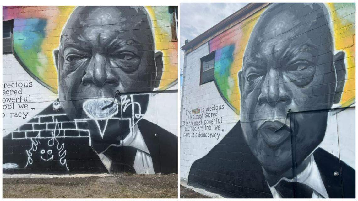A mural of civil rights icon John Lewis shown after it was defaced with spray paint Friday afternoon, and the restored version shown Monday morning.