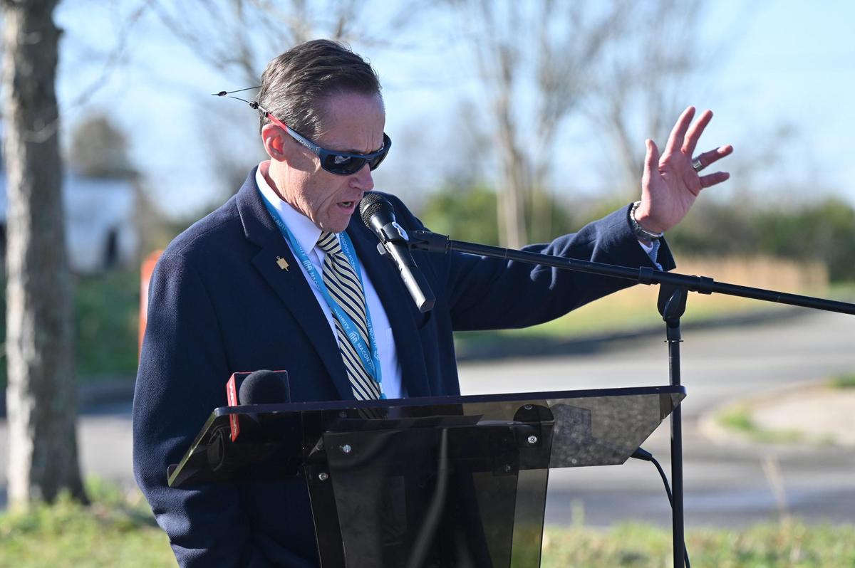 Macon Housing Authority chief executive officer Mike Austin speaks at a press conference before the demolition of Macon Charter Academy on Tuesday, March 11, 2025, in the Pleasant Hill neighborhood in Macon, Georgia. The former school sat abandoned after closing in 2016. Now, investors and city officials plan to use the land to build 64 affordable housing units.