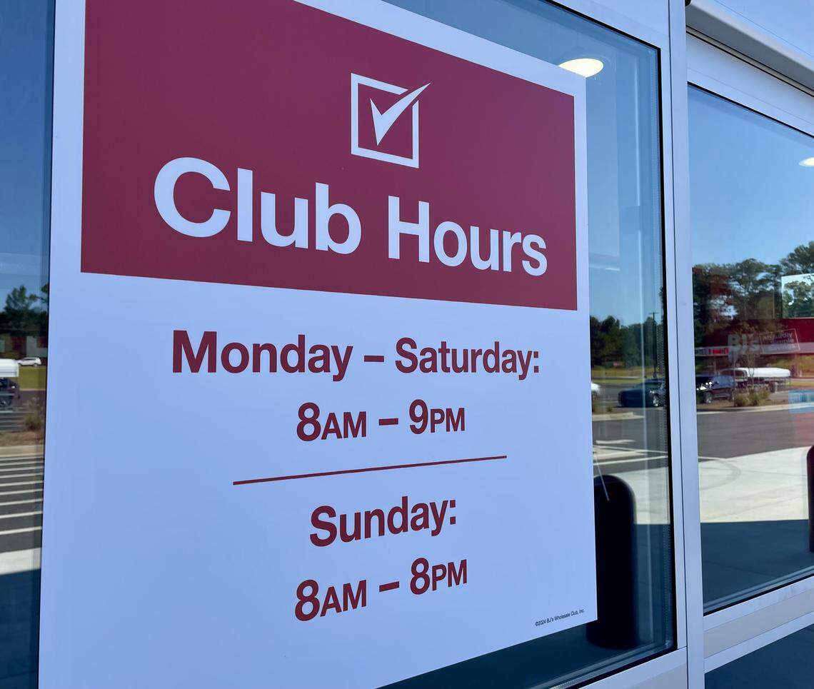 Club hours for the new BJ’s Wholesale Club at 6201 Watson Blvd. in Warner Robins on a front door window of the club.