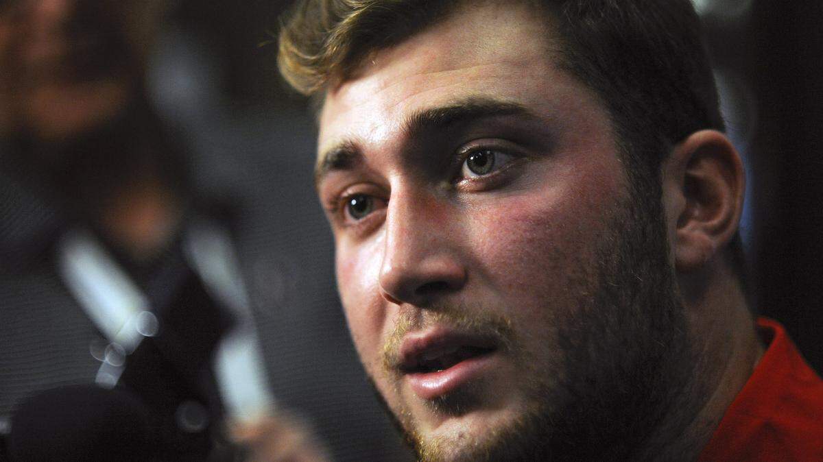 Georgia early enrollee tight end Isaac Nauta speaks with members of the media during National Signing Day at Butts-Mehre Heritage Hall on Wednesday, Feb. 3, 2016, in Athens, Ga. (AP Photo/Athens Banner-Herald, AJ Reynolds)