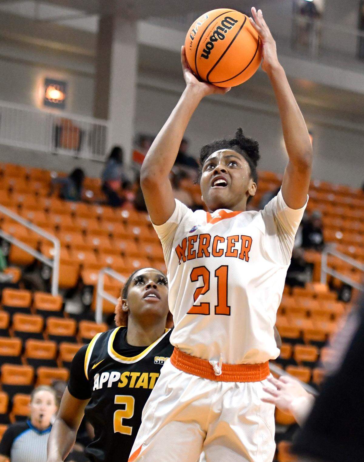 Mercer forward Shannon Titus (21) puts up a shot during the Bears’ game against App State November 11.