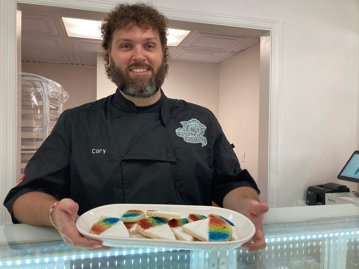 Baker and cookie artist Cory Jones at his Sweet Evelyn’s storefront in downtown Perry.