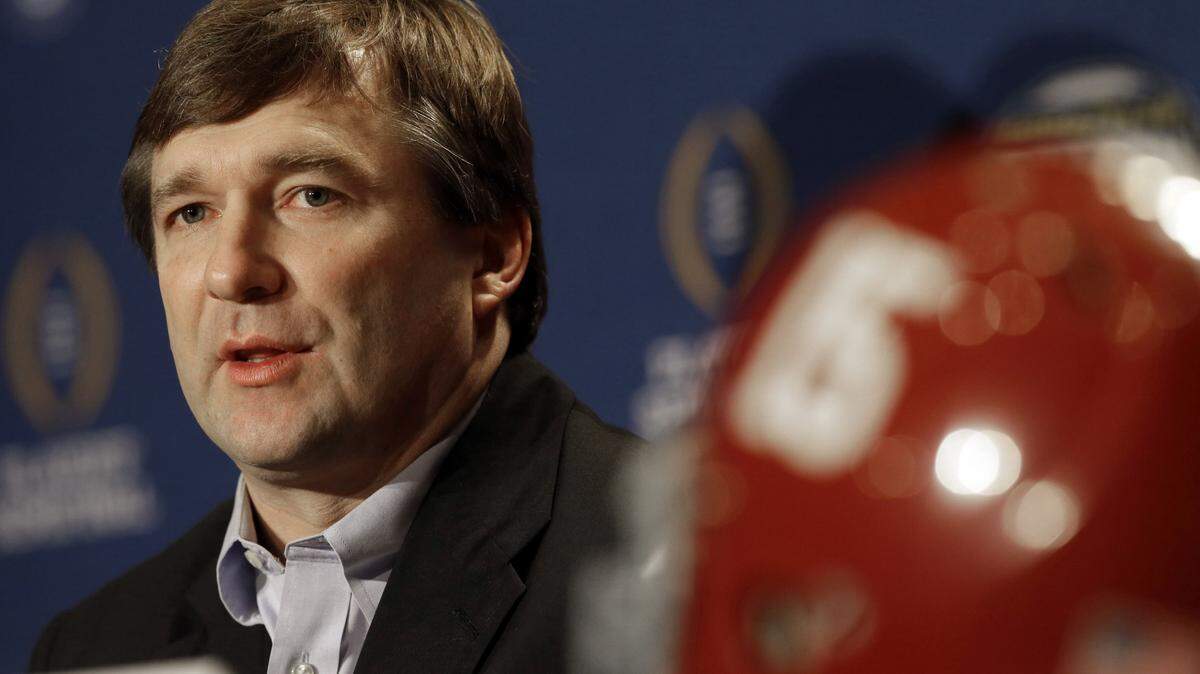 Alabama defensive coordinator and Georgia head coach Kirby Smart speaks during a news conference for the NCAA Cotton Bowl college football game.