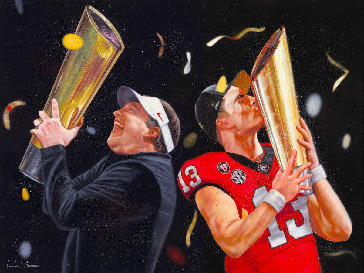 Paintings by Macon artist Caleb Brown, featuring University of Georgia coach Kirby Smart, left, and former quarterback Stetson Bennett include this print composed of separate, individual works by Brown of the coach and the player.