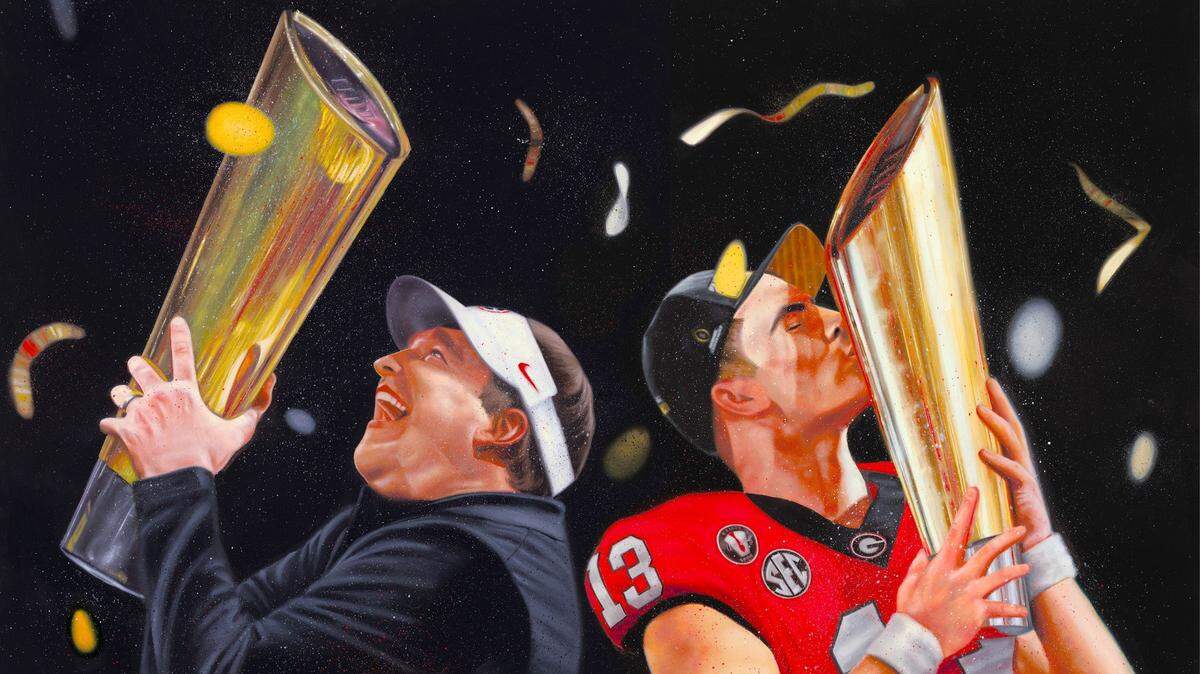 Paintings by Macon artist Caleb Brown, featuring University of Georgia coach Kirby Smart, left, and former quarterback Stetson Bennett include this print composed of separate, individual works by Brown of the coach and the player.