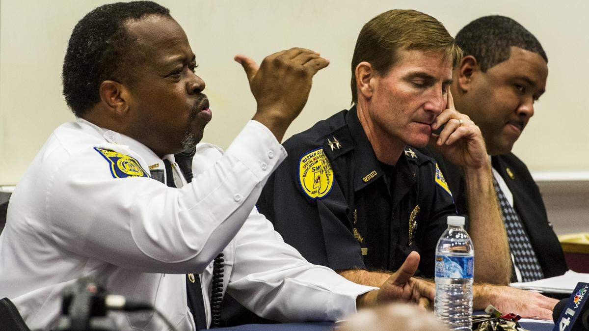 Fort Valley State University Campus Police Chief Ken Morgan makes a point during the panel discussion on policing and race. Warner Robins City Police Chief Brett Evans and Fort Valley City Public Safety Director Lawrence Spurgeon were also on the panel.
