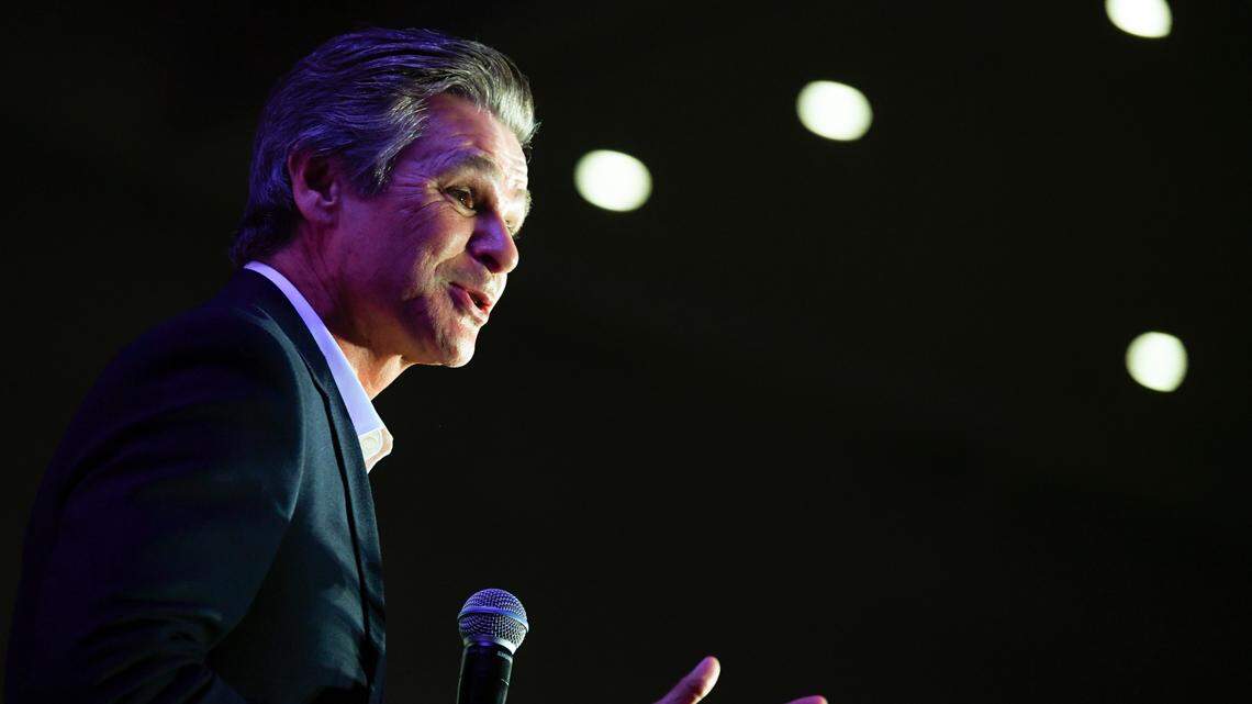 Pastor Jentezen Franklin speaks during a Donald Trump campaign event courting devout conservatives by combining praise, prayer and patriotism, Thursday, July 23, 2020, in Alpharetta, Ga. (AP Photo/John Amis)