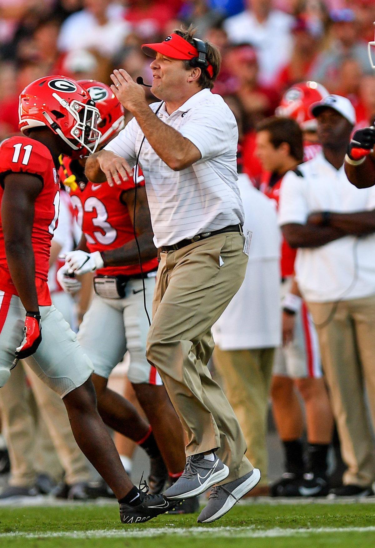 DONN RODENROTH,Athens, Georgia, 10/16/2021: Georgia head coach Kirby Smart was full of energy Saturday as the Dogs beat Kentucky 30-13.