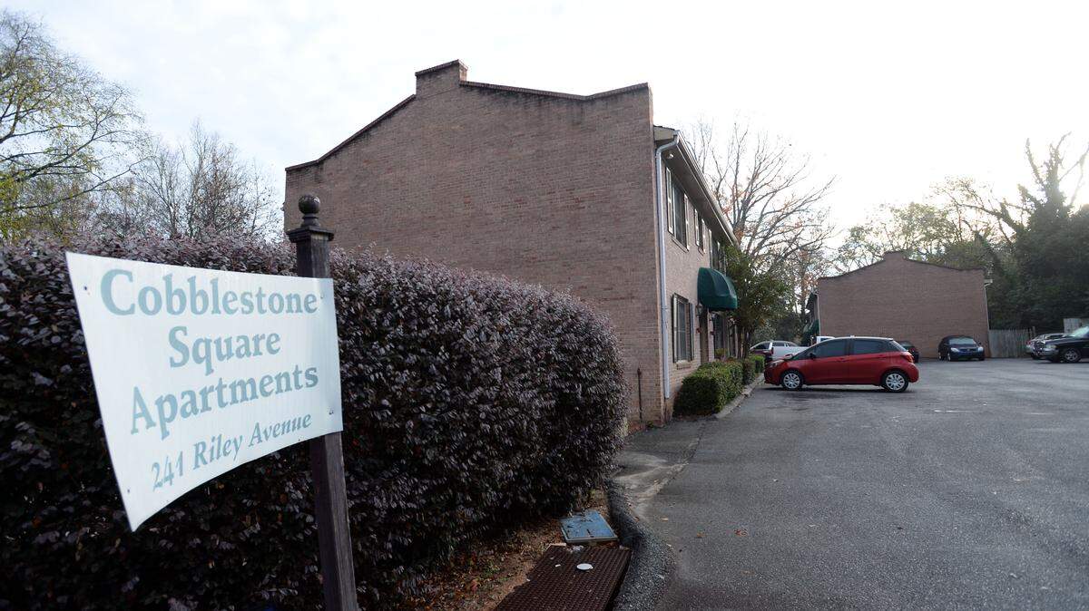 Cobblestone Square Apartments on Riley Avenue where one man was shot to death Monday evening and another was seriously wounded.