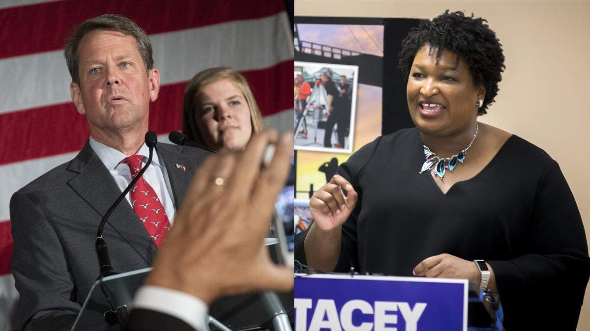 In this combination photo, Republican Brian Kemp, left, and Democrat Stacey Abrams campaign to be Georgia’s next governor.