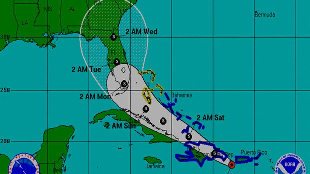 Special to The Telegraph 
 The latest forecast track for Tropical Storm Erika shows Macon and Middle Georgia could see rain and wind by mid-week. This forecast map will be outdated and could change by 11 a.m. Friday as meteorologists and computer models track the system.