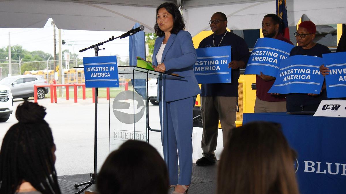 United States Deputy Acting Secretary of Labor Julie Su addresses event attendees while celebrating Blue Bird’s union contract on Friday, July 19, 2024, at the Blue Bird manufacturing plant in Fort Valley, Georgia. Blue Bird electric bus manufacturing workers ratified their first union contract in May, joining United Steelworkers and securing wage increases, safety improvements and more employee benefits.