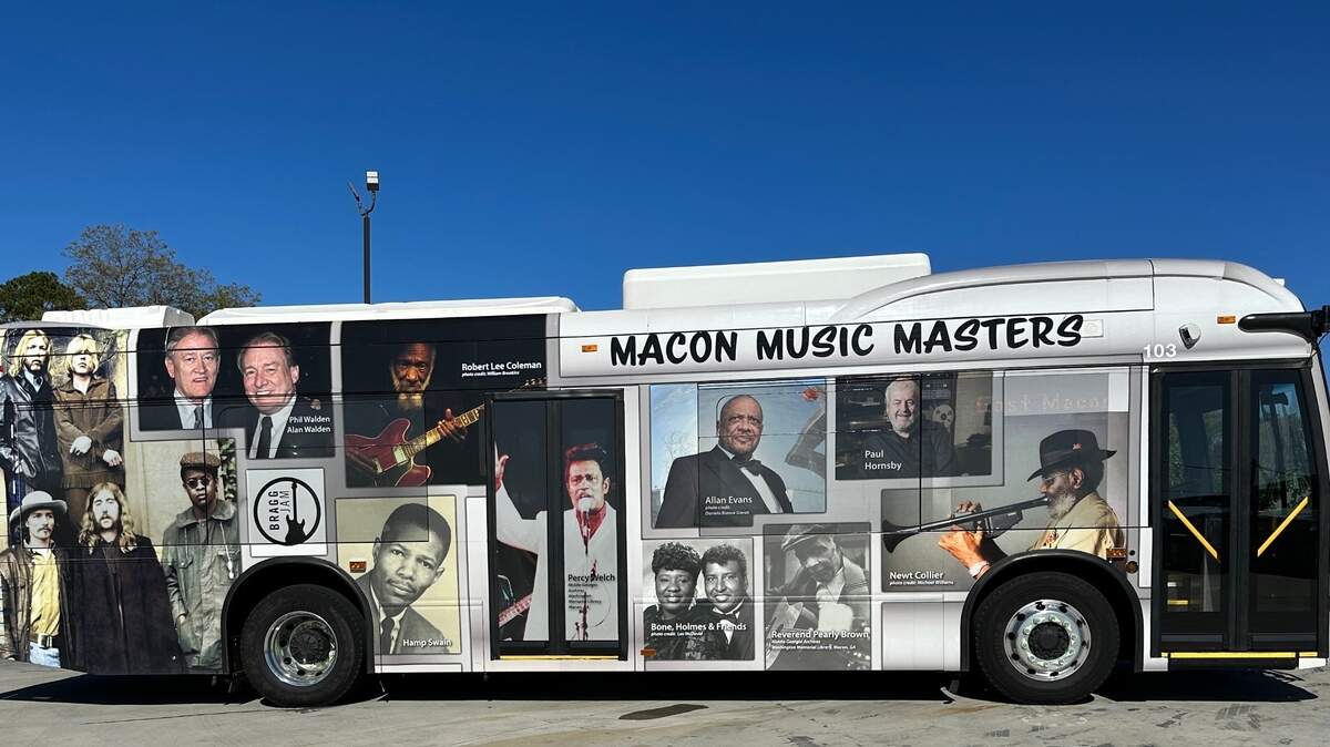One of Macon Transit Authority’s electric buses, Melody, features some of Macon’s biggest stars like the Walden brothers.