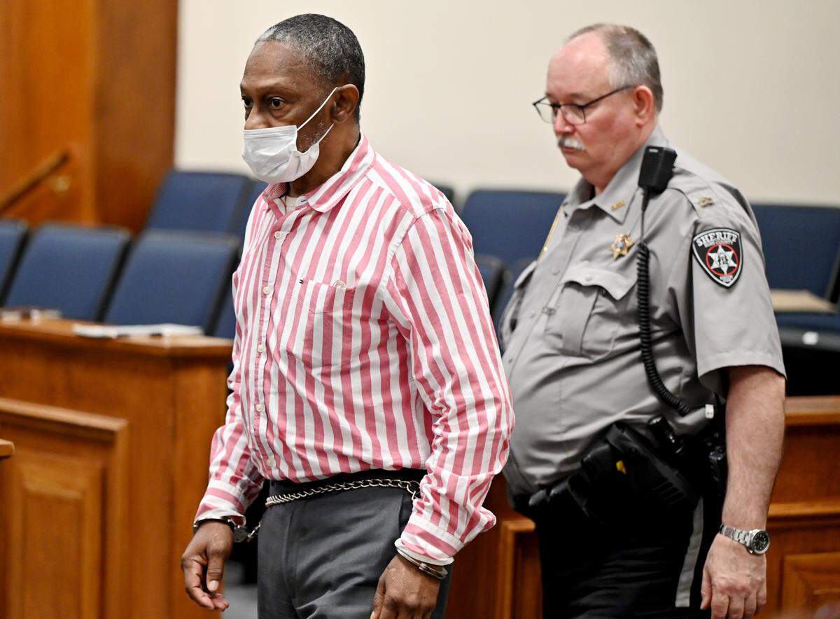Christopher Woods is escorted into a Bibb County Superior courtroom before his murder trial Tuesday afternoon. Woods is charged with murder in the shooting of Freddie Battle in Lizella in 2021.
