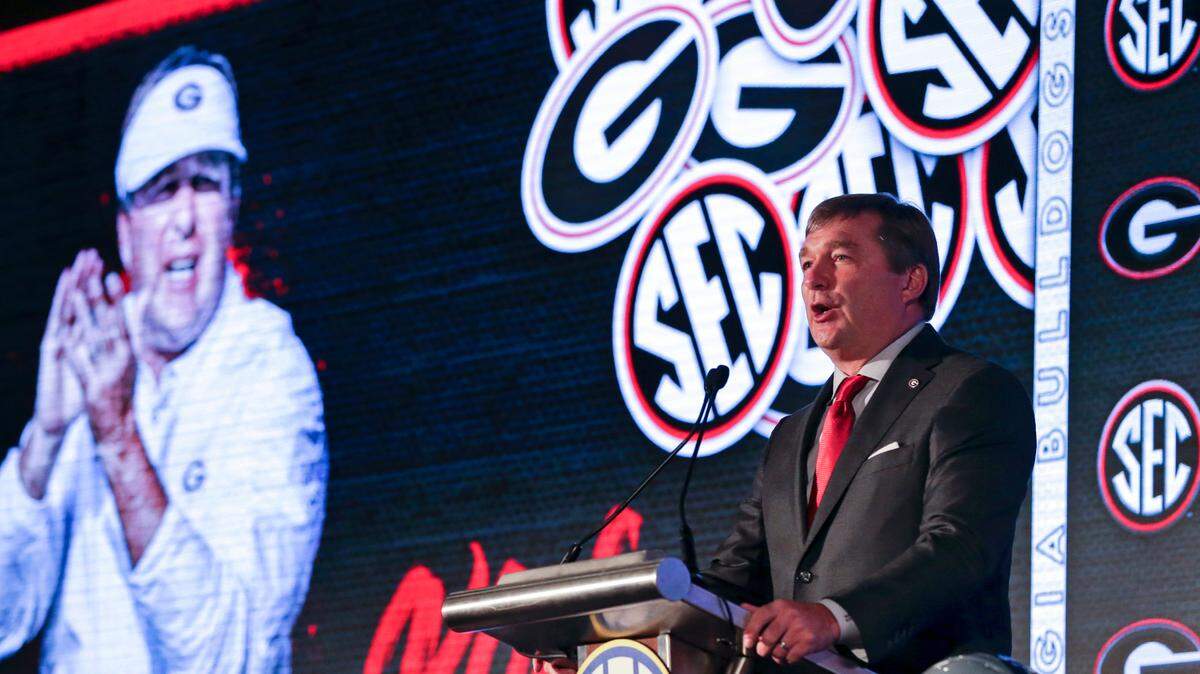 Georgia head coach Kirby Smart speaks to reporters during the NCAA college football Southeastern Conference Media Days, Tuesday, July 20, 2021, in Hoover, Ala. (AP Photo/Butch Dill)