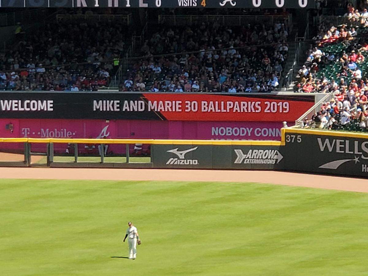 Mike and Marie Reneau were recognized at Suntrust Park for the Braves vs Nationals game on Sept. 8, 2019 for completing their mission to visit all 30 MLB parks in one season. 