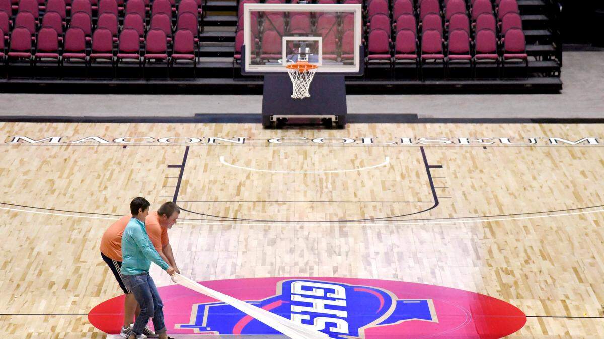 The GHSA logo on a Macon basketball court in this file photo.