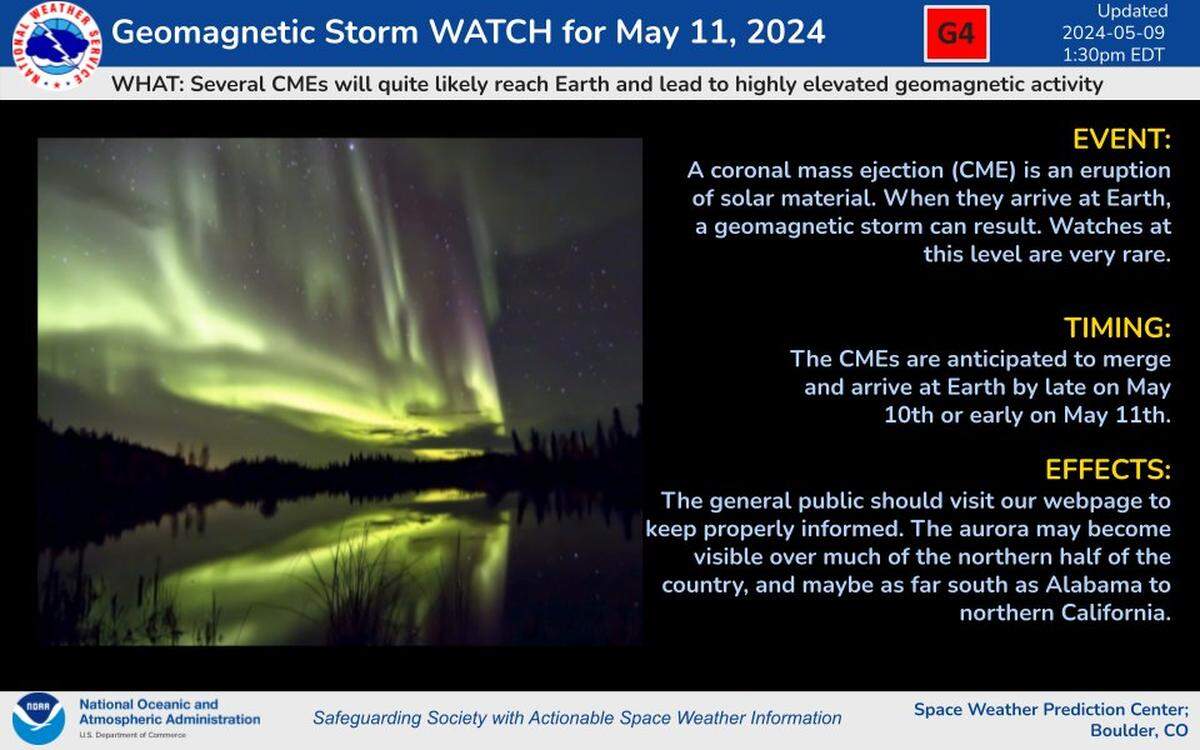 A severe (G4) geomagnetic storm watch has been issued for May 11, 2024.
