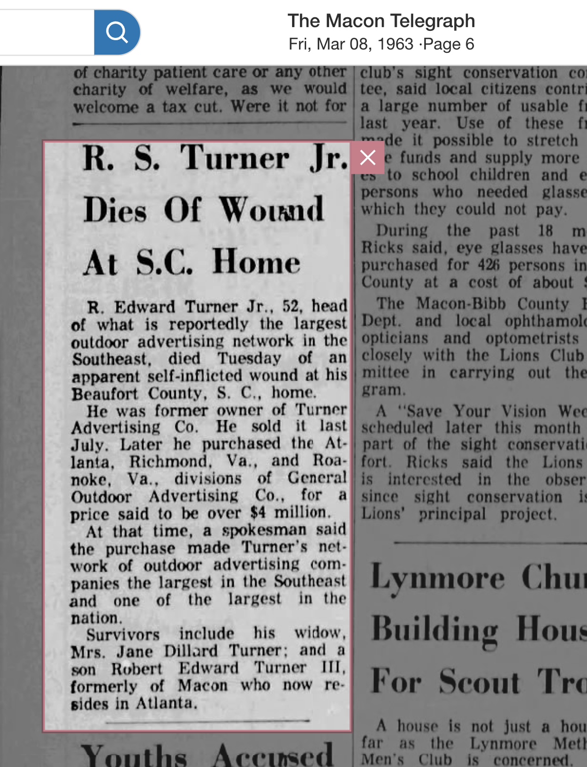 A screenshot of the obituary of R. Edward Turner Jr., the father of CNN founder Ted Turner who died Wednesday at 87.