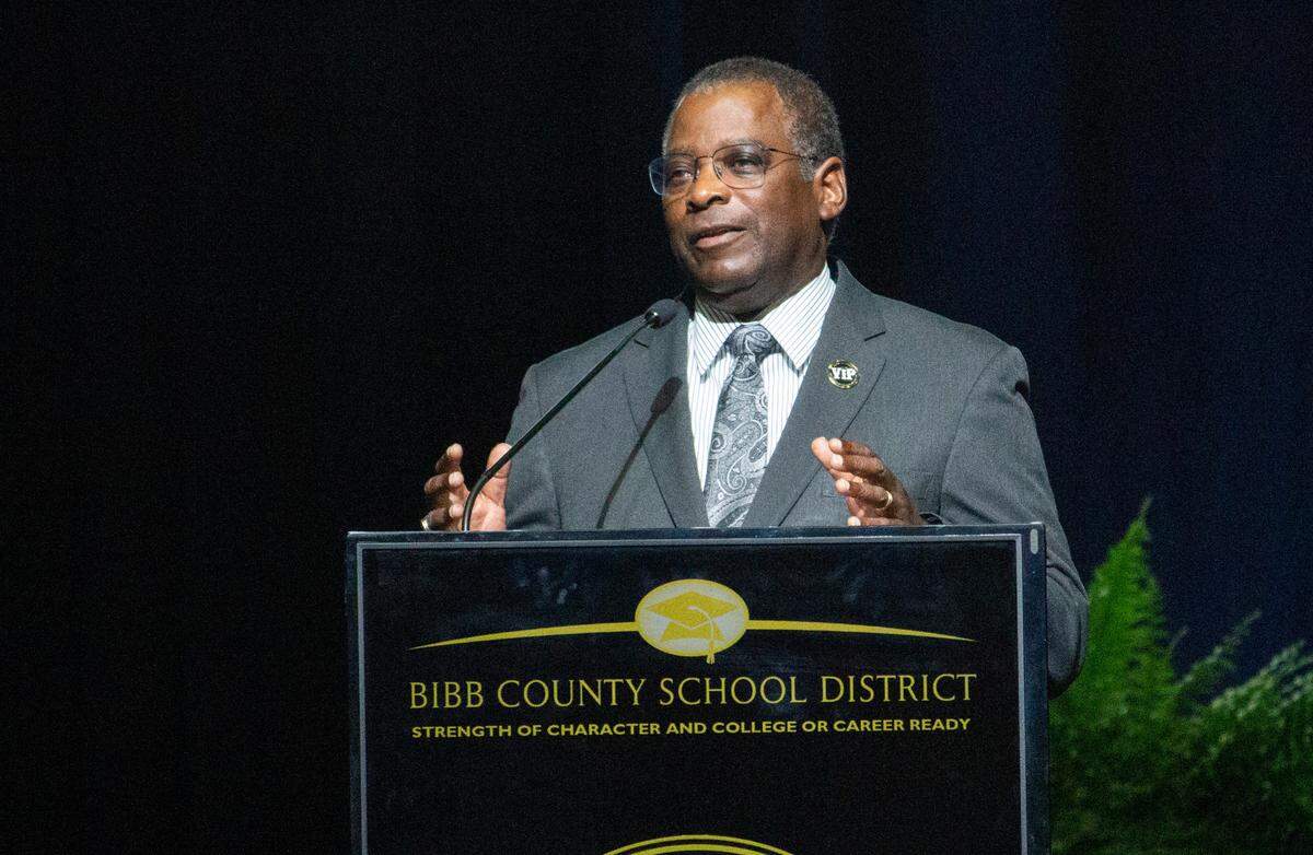 Bibb County Schools Superintendent Curtis Jones speaks during a celebration for him held by the School District in May at the Macon Coliseum.