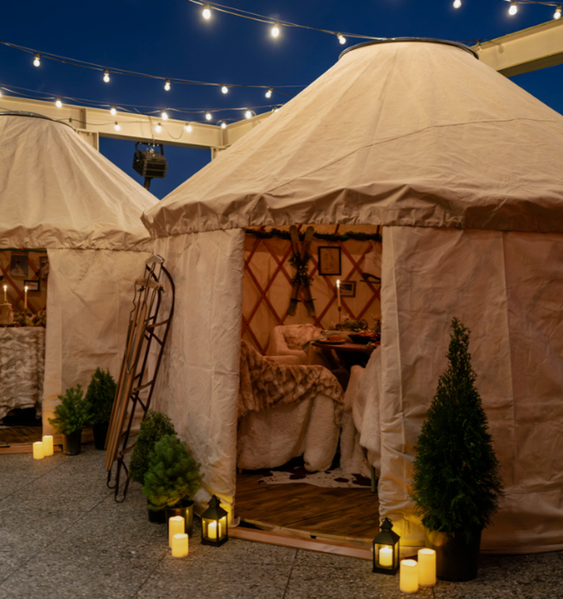 Enjoy a cozy, warm yurt, complete with twinkling lights and festive cocktails and food at the Alpine in Savannah, GA