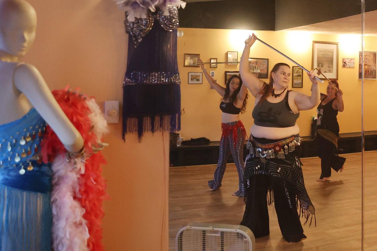 From left to right: Gabriela Machain-Gilner, Marie Keith-Winters and Trishelle Hutten rehearse in the Advanced Bellydancing class at Perry Belly Dance Studio on Thursday, Aug. 29, 2024, in Perry, Georgia. Perry Belly Dance Studio opened in 2010 and offers classes for all ages and skill levels.
