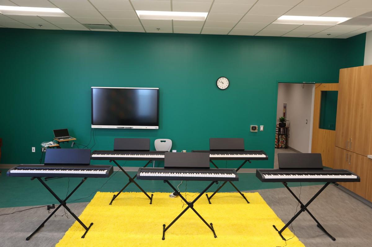 Keyboards sit in one of the lab spaces in the Otis Redding Center for the Arts on Saturday, March 22, 2025, off of First Street in downtown Macon, Georgia. The Otis Redding Center for the Arts opened in March 2025 and is the new home for the Otis Redding Foundation’s music camps and youth programming. The building features lab spaces, practice rooms and studio space for students.