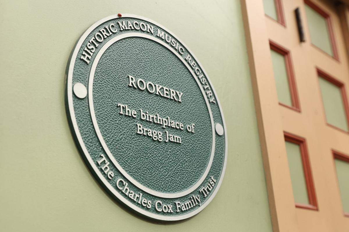 A historical marker in front of The Rookery’s entrance in Downtown Macon, showcasing how the restaurant was the birthplace of summer music festival Bragg Jam. After brothers Brax and Tate Bragg died in a car accident in 1999, Russell Walker, a friend and member of The Buckleys, Brax Bragg’s band, hosted a memorial jam session. 
