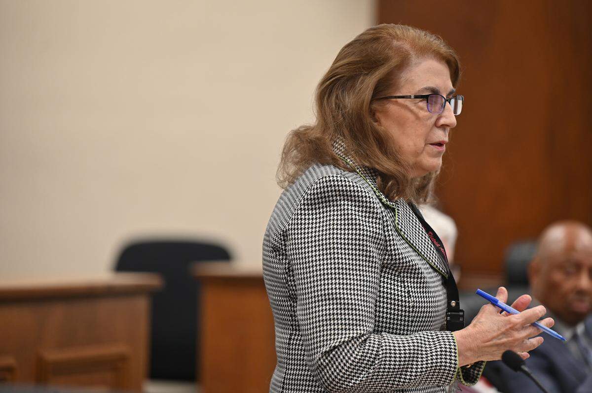 Macon Judicial Circuit Chief of Appeals Cindy Adams speaks to the judge during a hearing on Friday, Jan. 9, 2025, at the Bibb County Courthouse in Macon, Georgia. Bibb County Judge Richard Winegarden ordered the release of some documents requested in a jail death lawsuit.