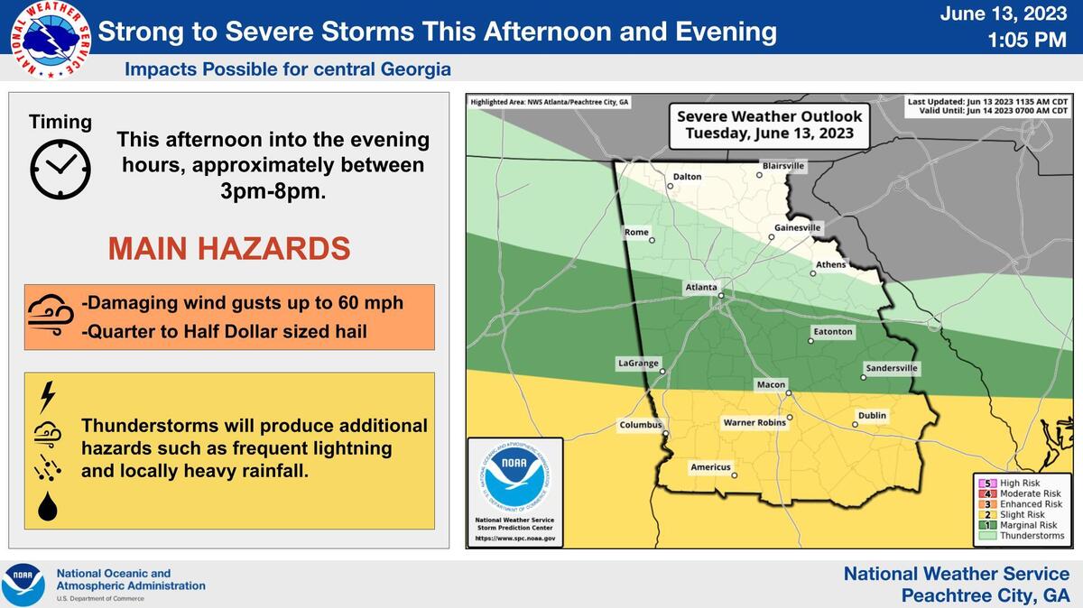 A round of severe weather is projected to hit Middle Georgia this afternoon, with more rain, winds and potentially hail on the horizon Wednesday morning.