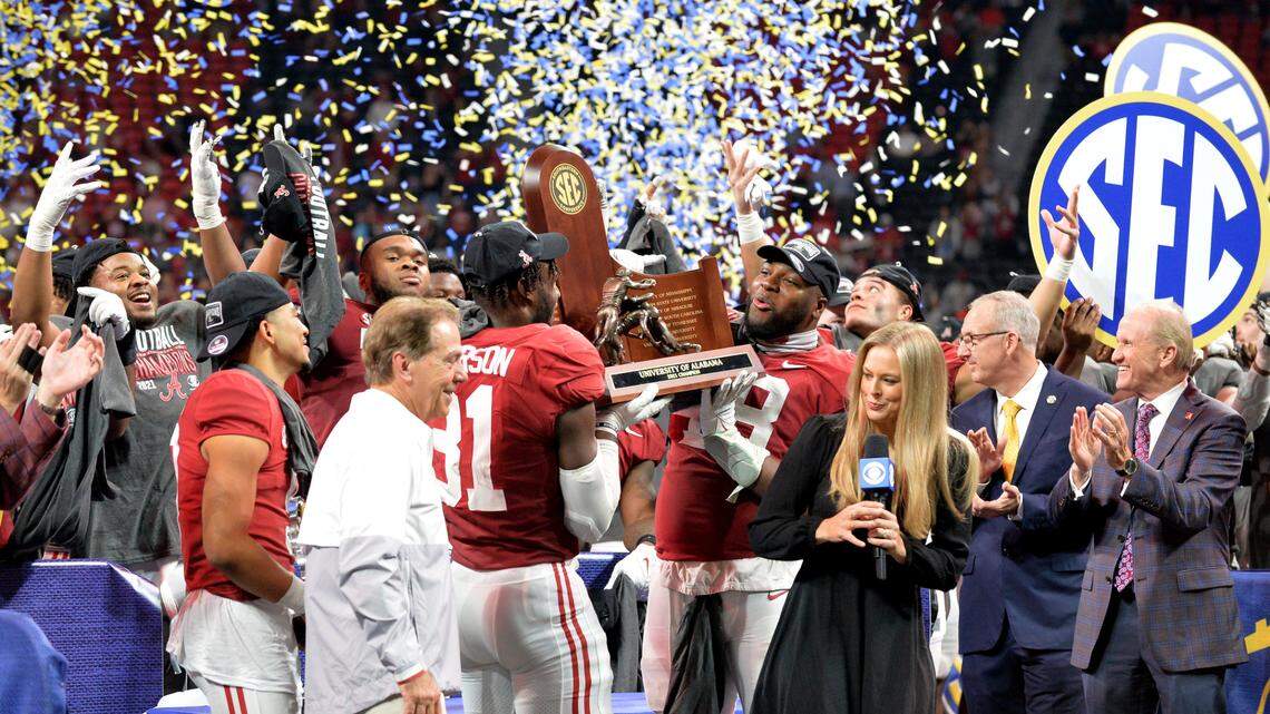 Alabama celebrates its 41-24 in over Georgia on Saturday in the SEC championship game in Atlanta.