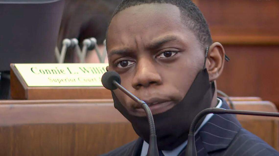 Demarcus Little answers a question from assistant district attorney Dawn Baskin during his trial Tuesday in a Peach County courtroom. Little was convicted Tuesday in the 2020 murder of Fort Valley State University student Anitra LaShay Gunn.