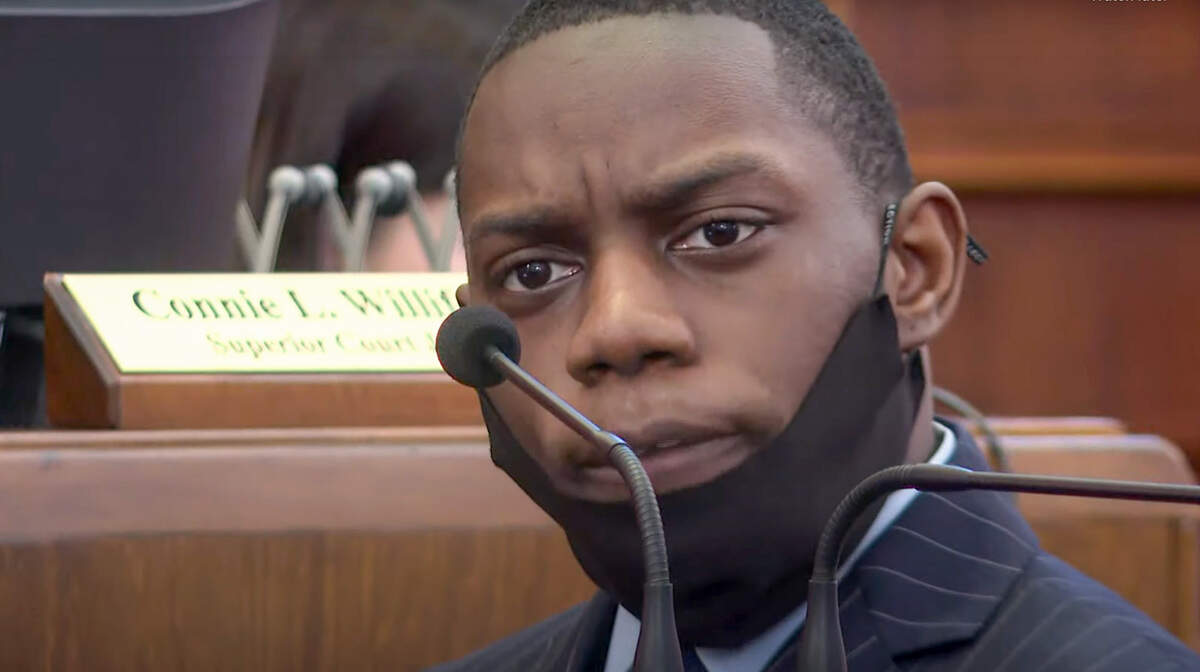 Demarcus Little answers a question from assistant district attorney Dawn Baskin during his trial Tuesday in a Peach County courtroom. Little was convicted Tuesday in the 2020 murder of Fort Valley State University student Anitra LaShay Gunn.