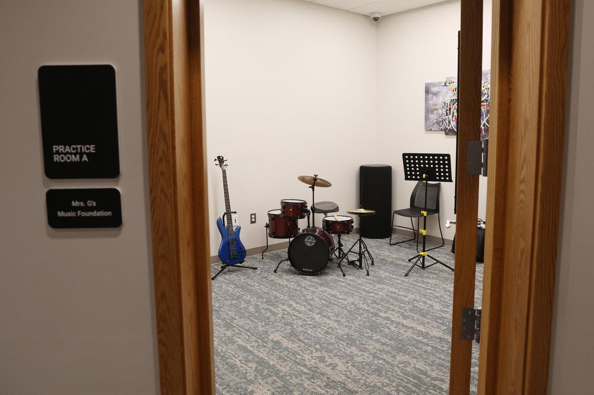 Instruments sit inside of one of five practice spaces of the newly opened Otis Redding Center for the Arts on Saturday, March 22, 2025, off of First Street in downtown Macon, Georgia. The Otis Redding Center for the Arts opened in March 2025 and is the new home for the Otis Redding Foundation’s music camps and youth programming. The building features lab spaces, practice rooms and studio space for students.