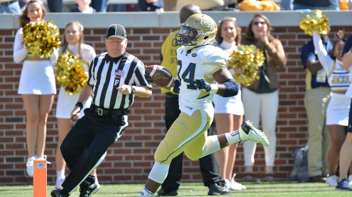 HYOSUB SHIN/ATLANTA JOURNAL-CONSTITUTIONGeorgia Tech running back Marcus Marshall finishes off a 58-yard touchdown run against Pittsburgh during the Yellow Jackets' Oct. 17 loss.