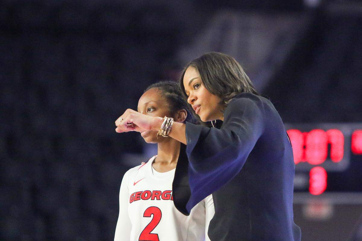 Georgia head coach Joni Taylor, Georgia guard Gabby Connally (2) during a game against North Carolina A&T in Stegeman Coliseum in Athens, Ga., on Wednesday, Nov. 13, 2019.