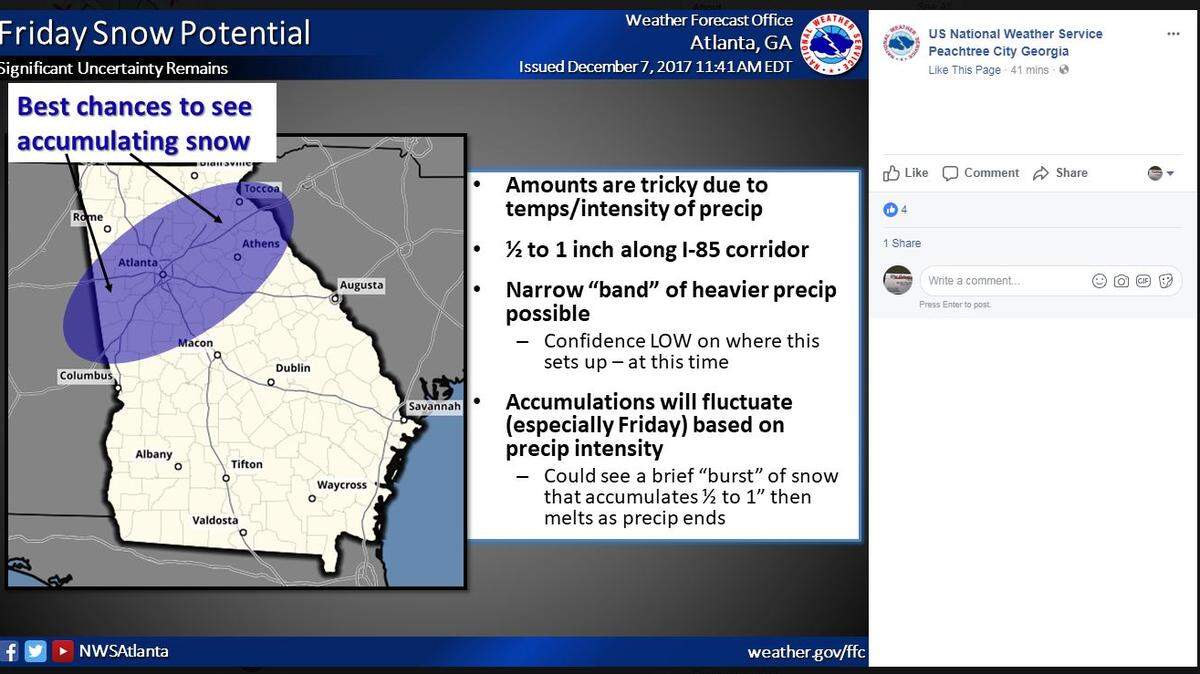 Friday snow potential on this National Weather Service, Atlanta, Facebook post shows Macon just on the outskirts of the snow zone.