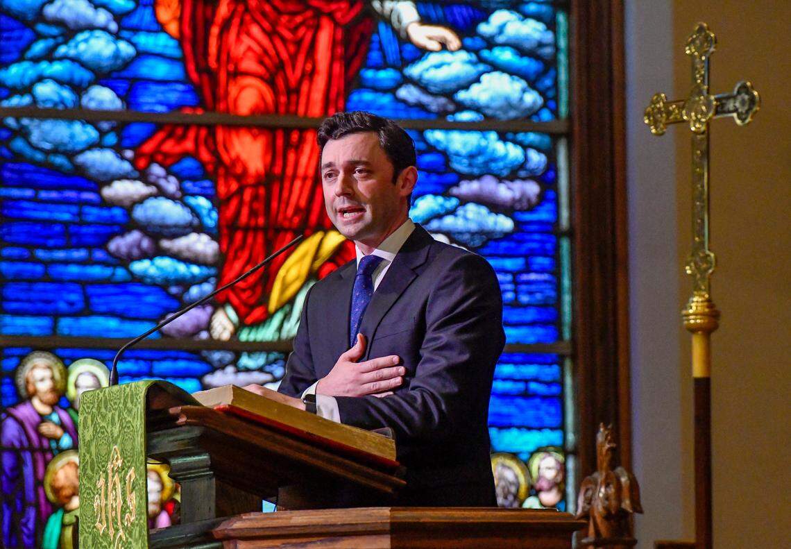 Sen, Jon Ossoff speaks Sunday during “A Service for Unity and Love” at Mulberry Street United Methodist Church. The event was put together after an antisemitic group gathered outside Temple Beth Israel last week.