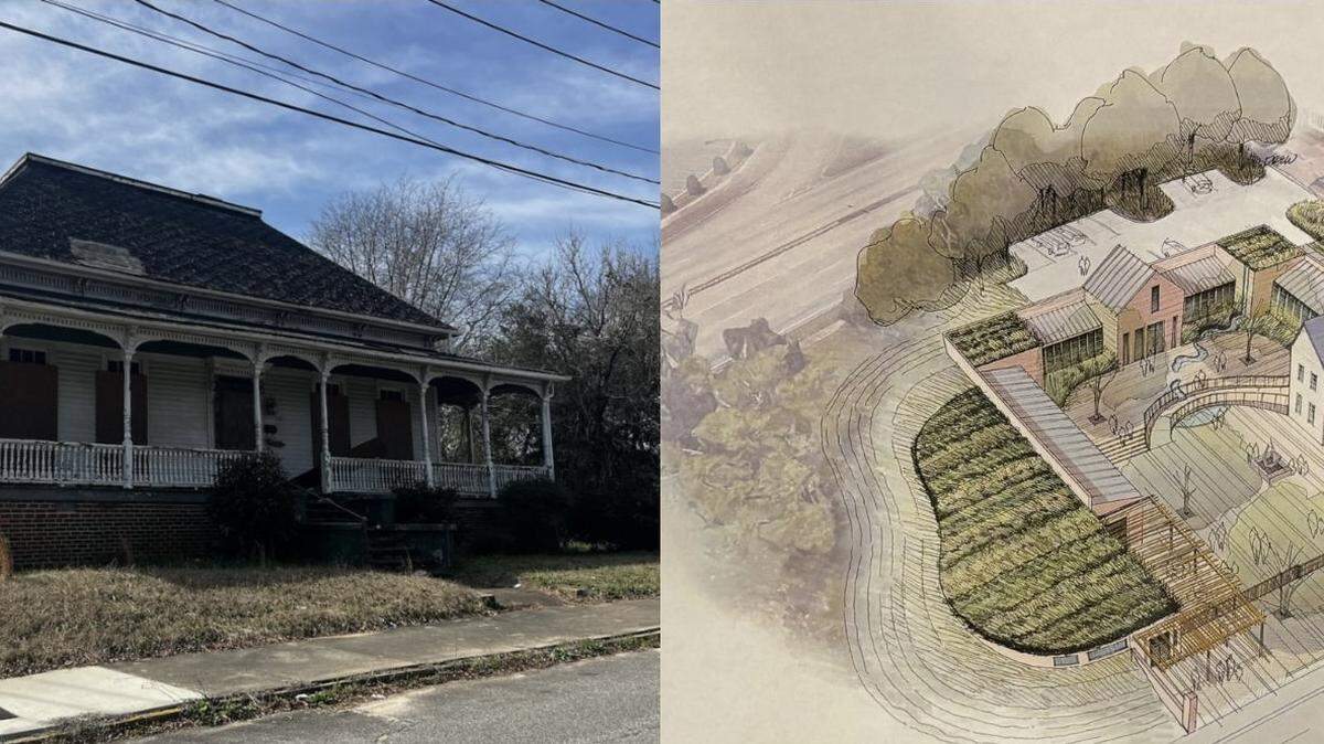 On the left is how the DeWitt-McCrary House looks currently. On the right is the conceptual rendering of the Muscogee (Creek) Cultural Center from Oak Haven Studios.