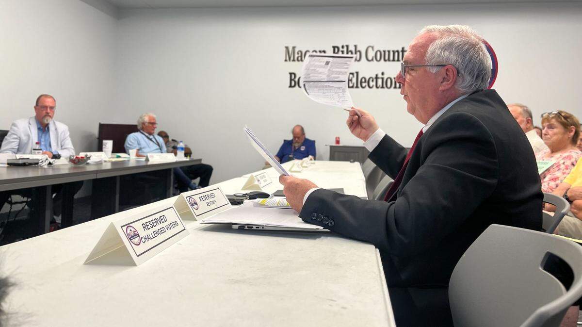 David Sumrall, chair of the Bibb County Republican Party, presented a spreadsheet and some voter registration records to the county elections board on Monday, July 2, 2024. He accused hundreds of voters of fraud.