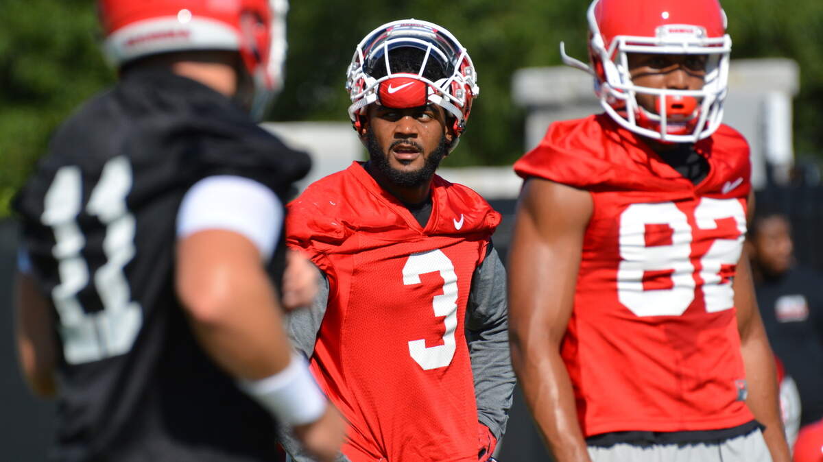Georgia receiver Tyler Simmons (3) during the Bulldogs’ session on the Woodruff Practice Fields in Athens, Ga., on Monday, July 31, 2017.